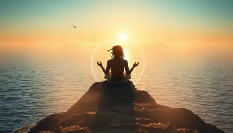 Rastafarian man meditating on rocks at sunrise, with mystical fog and seagulls.