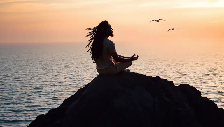 Rastafarian man meditating on a rock by the sea at sunrise, with mist and seagulls.