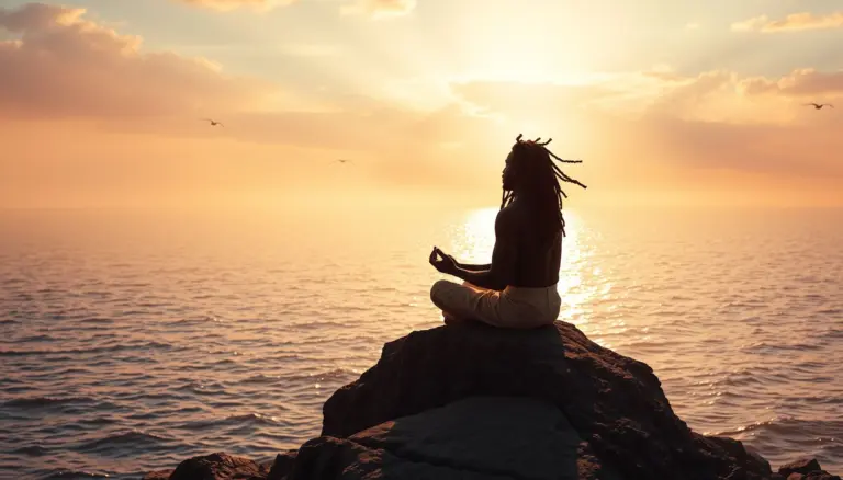 Rastafarian man meditating on a rock at sunrise with ocean and colorful sky.