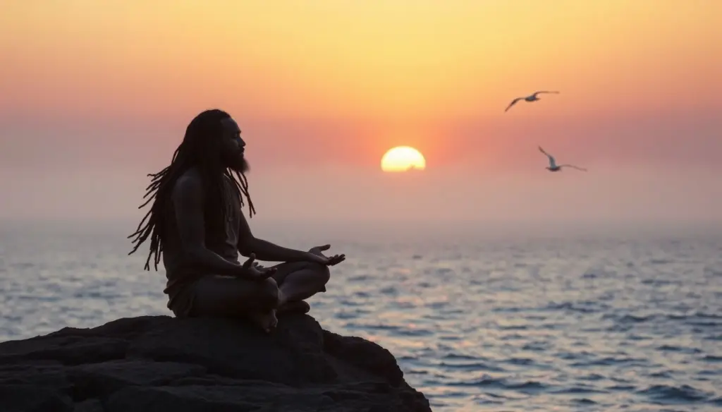 Rastafarian man meditating on a coastal rock at sunrise with serene ocean and colorful sky.