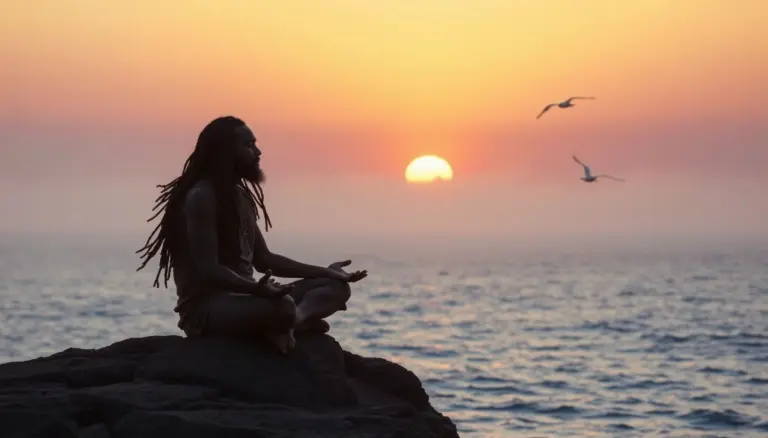 Rastafarian man meditating on a coastal rock at sunrise with serene ocean and colorful sky.