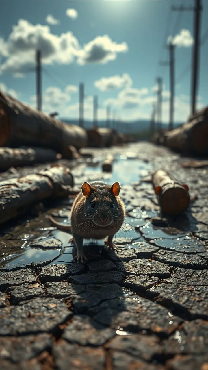 A realistic rat in cracked, dry puddles reflecting a bright sky, with logs nearby.