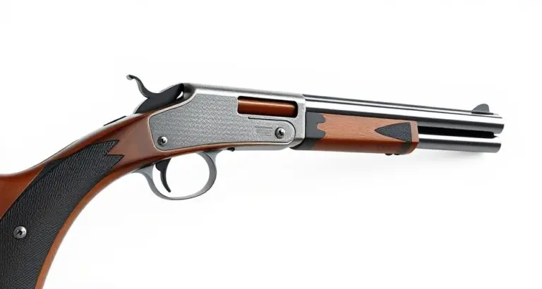 Side view of a realistic double-barrel shotgun on white background.