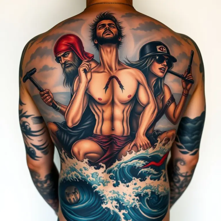 Detailed tattoo of rebellious figures on a full back, unaware of the ocean's depth.