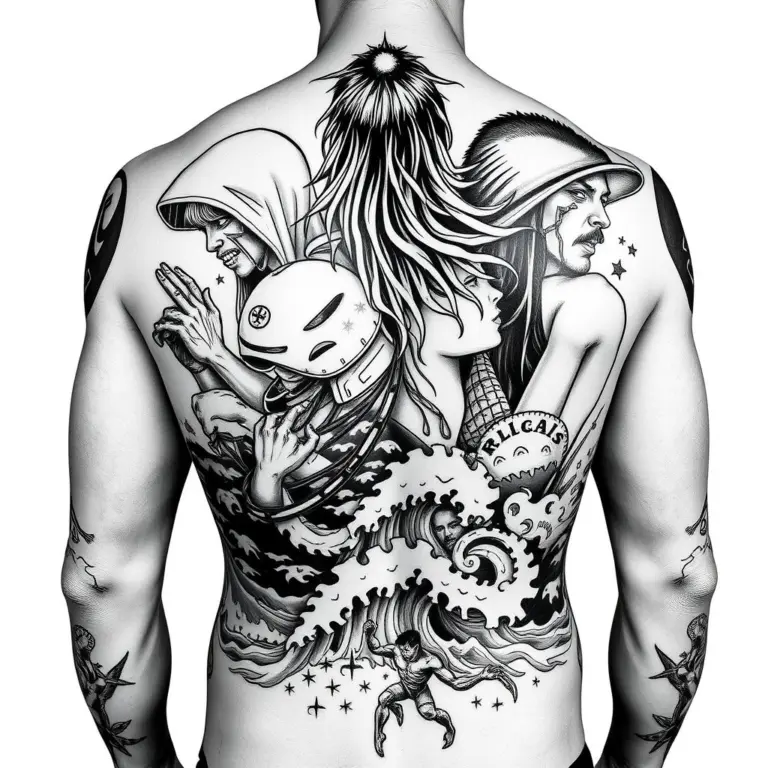 Black and grey full-back tattoo of rebellious figures with superficial connection to the sea.
