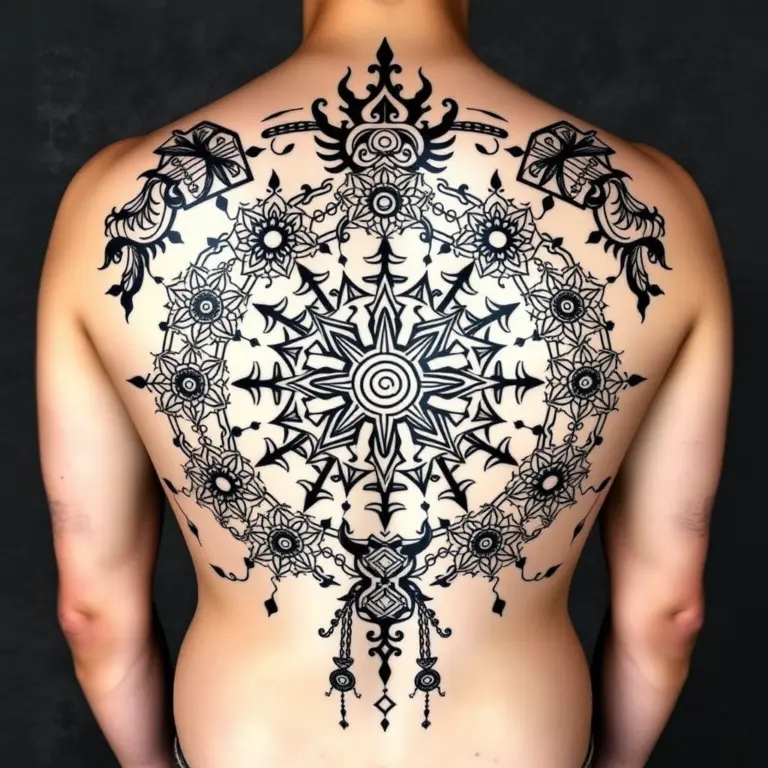 Full back tattoo with Thai Sak Yant patterns, sacred geometry, spiritual symbols, bold black lines, shading, strength, protection, rebellion.