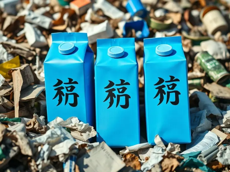 Three blue milk cartons with Chinese text '牛奶' in a pile of recycling.