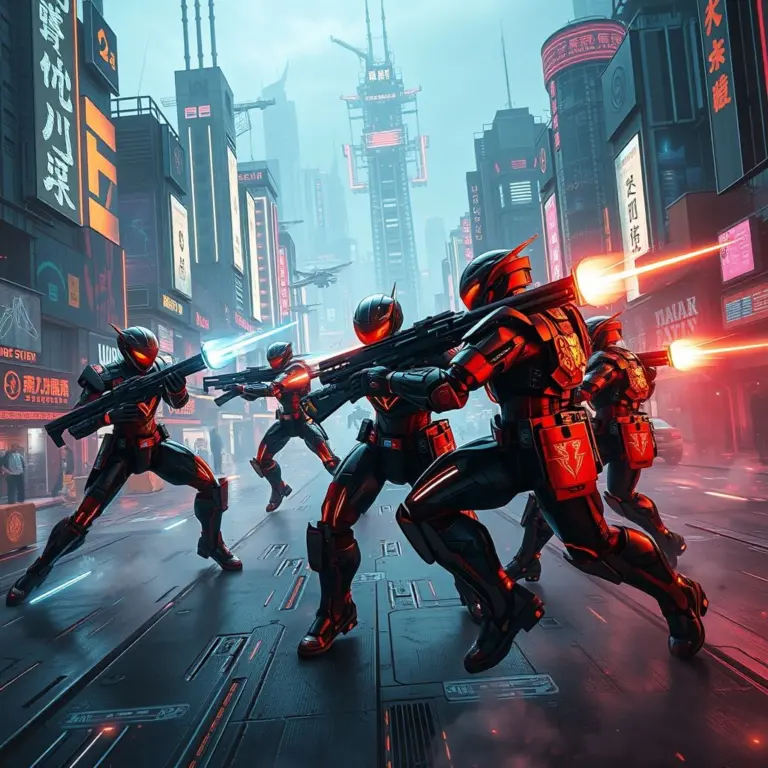 Five mecha warriors in glowing armor fight in a neon city.