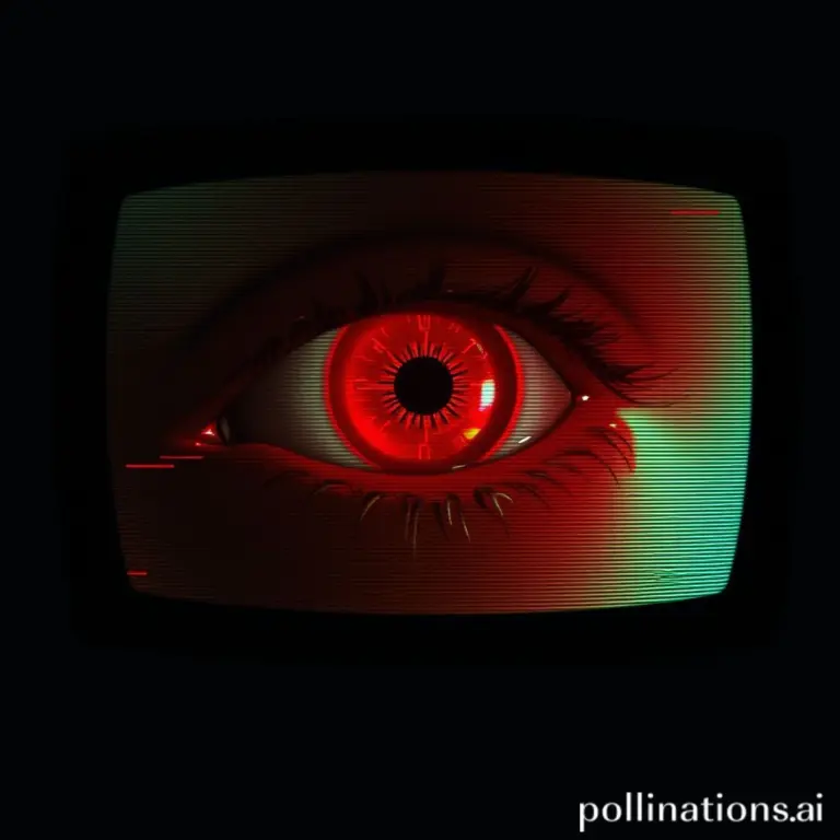 A red eye glitching on a static screen.