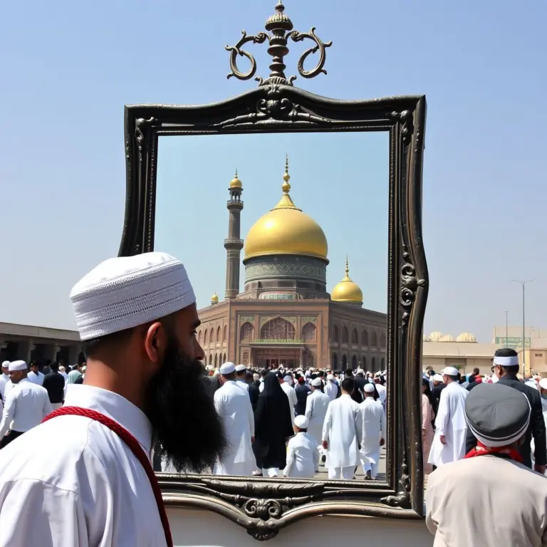Mirror reflecting the Kaaba and Imam Hussein's shrine.