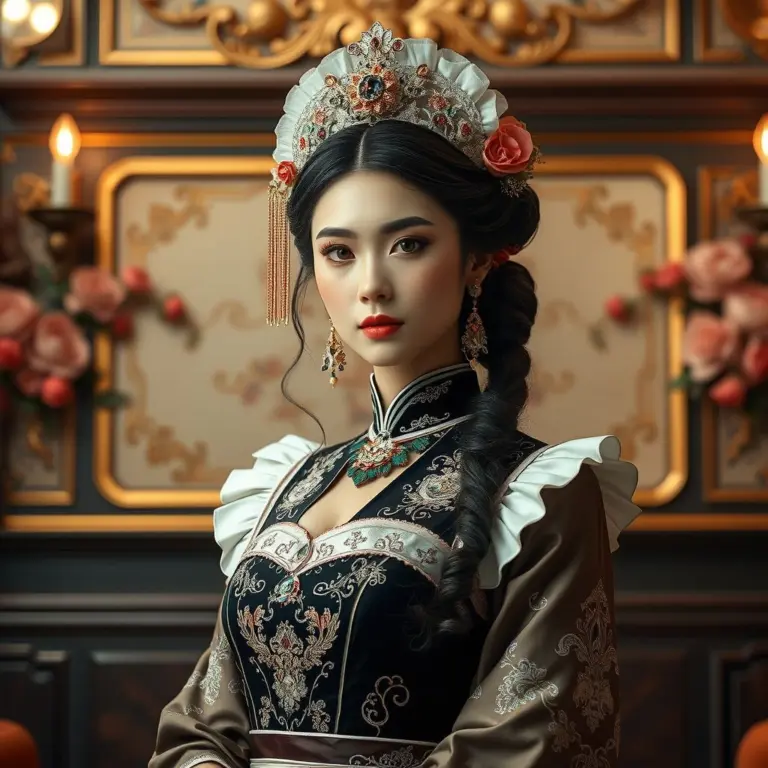 Maid princess with Pandora-inspired headdress, elegant attire, regal vintage background.