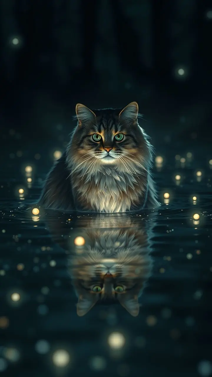 Persian cat in dark gothic setting with fireflies reflected in water.