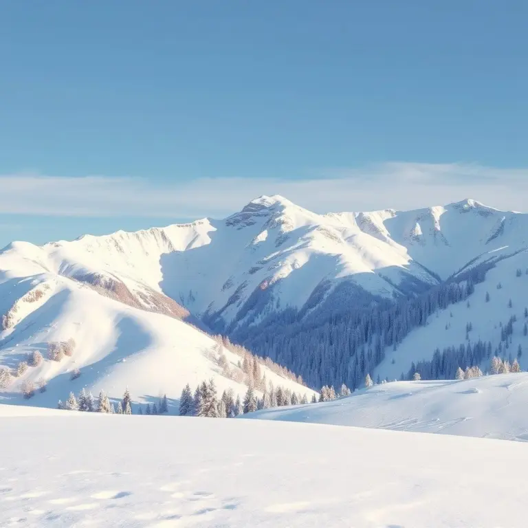 Snow-covered mountains with purple and gold highlights under a clear blue sky.