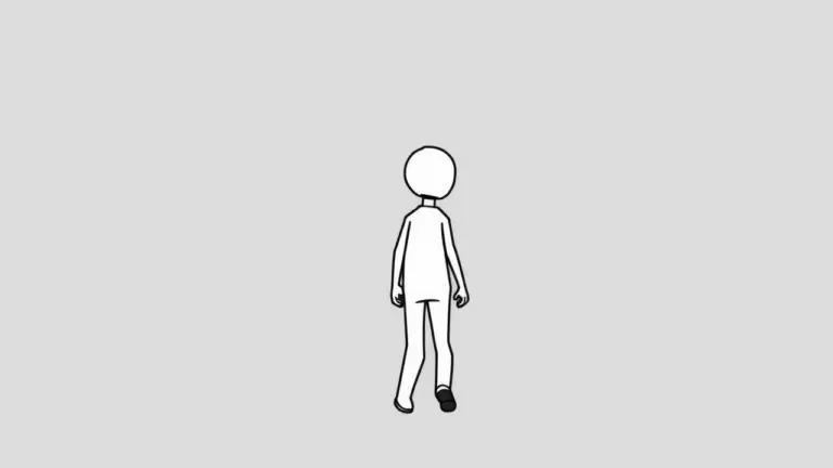 Minimalist stick figure with slumped shoulders walking away on gray background.