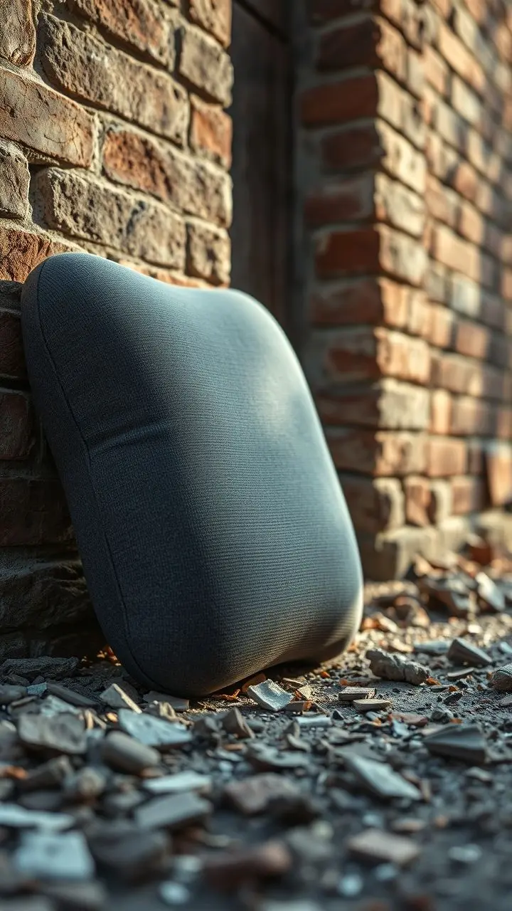 Close-up of a cushioned back support on a brick wall with debris.