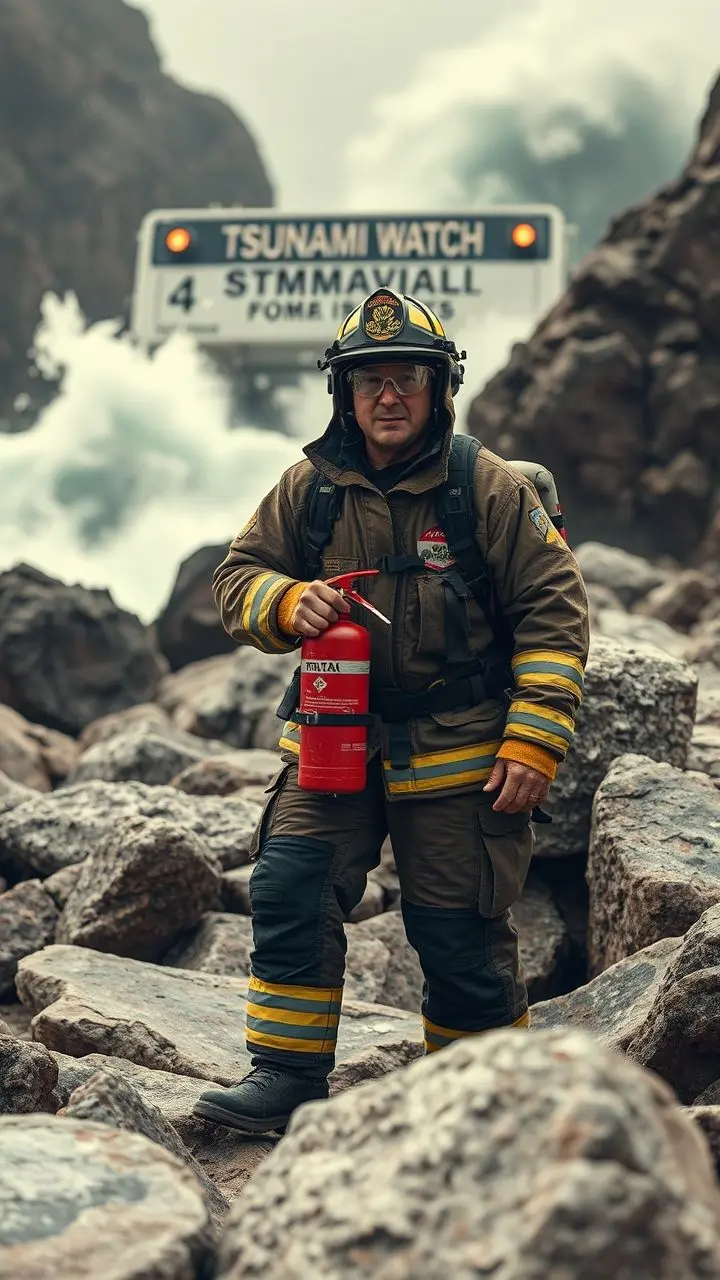 Firefighter with extinguisher, tsunami alert, weathered stones, vintage photo style.
