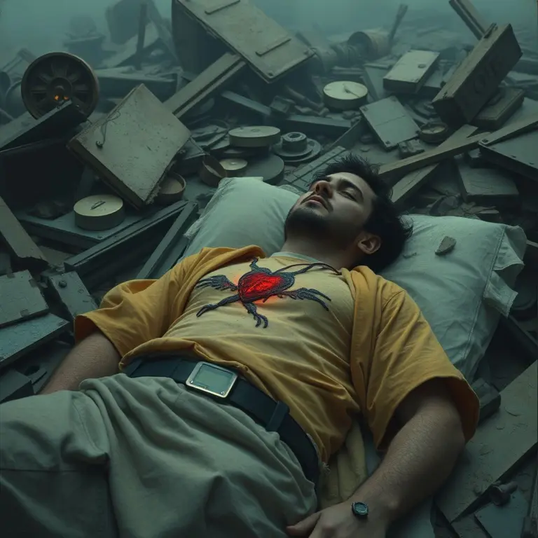 A close-up on a medical monitor showing a faint, steady beep amidst a dimly lit, destroyed environment.