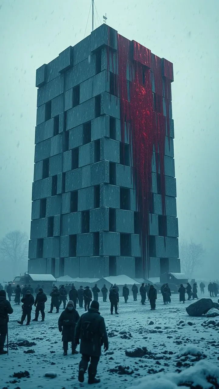 Towering building in Ireland during a sleetstorm, bleeding red fluid, with mobilization efforts.