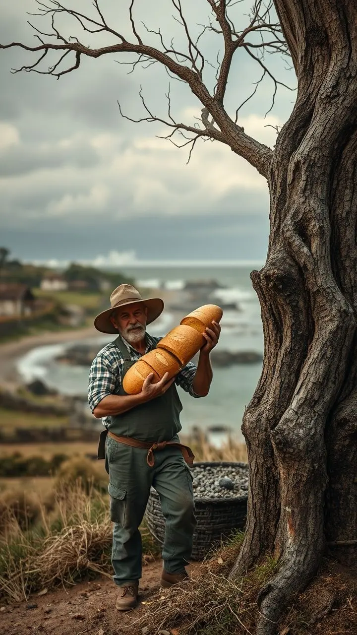 Farmer holding bread near a textured tree during a coastal storm.