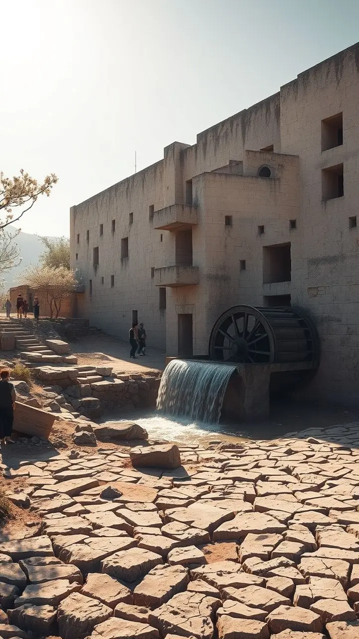 Ancient water wheel and brutalist architecture with tourists and Wellbeing Economy symbol.