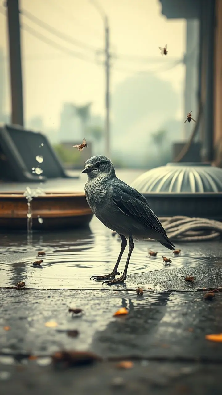 Bird preening near water harvesting with glitching pavement.