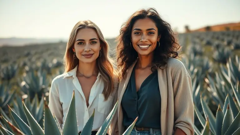 Two women in casual professional attire stand in a field of agave plants, bathed in soft sunlight.