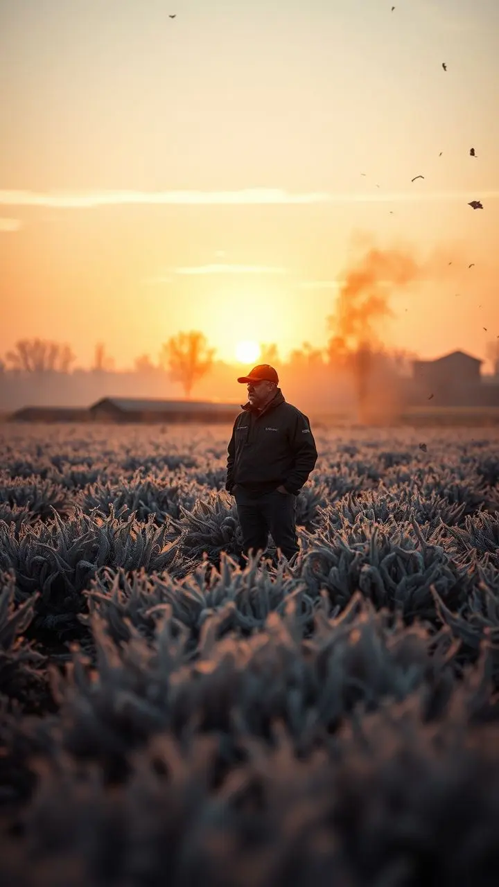 Figure in a frosted field at sunset, film noir style.