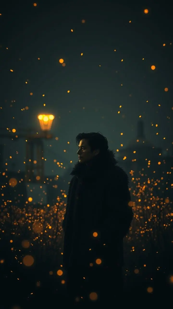Figure in fur coat in dark academic setting with fireflies, symbolizing resilience.