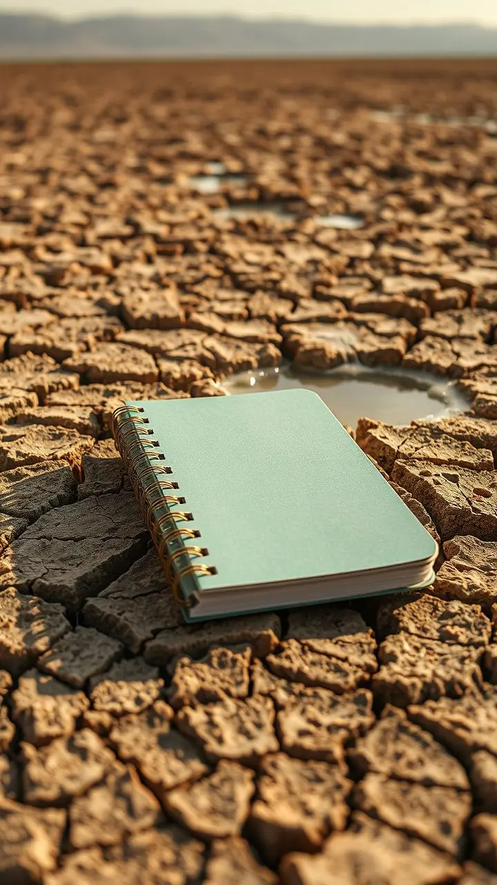 An eco-friendly notebook on parched, cracked earth during a heatwave, with heat shimmers.