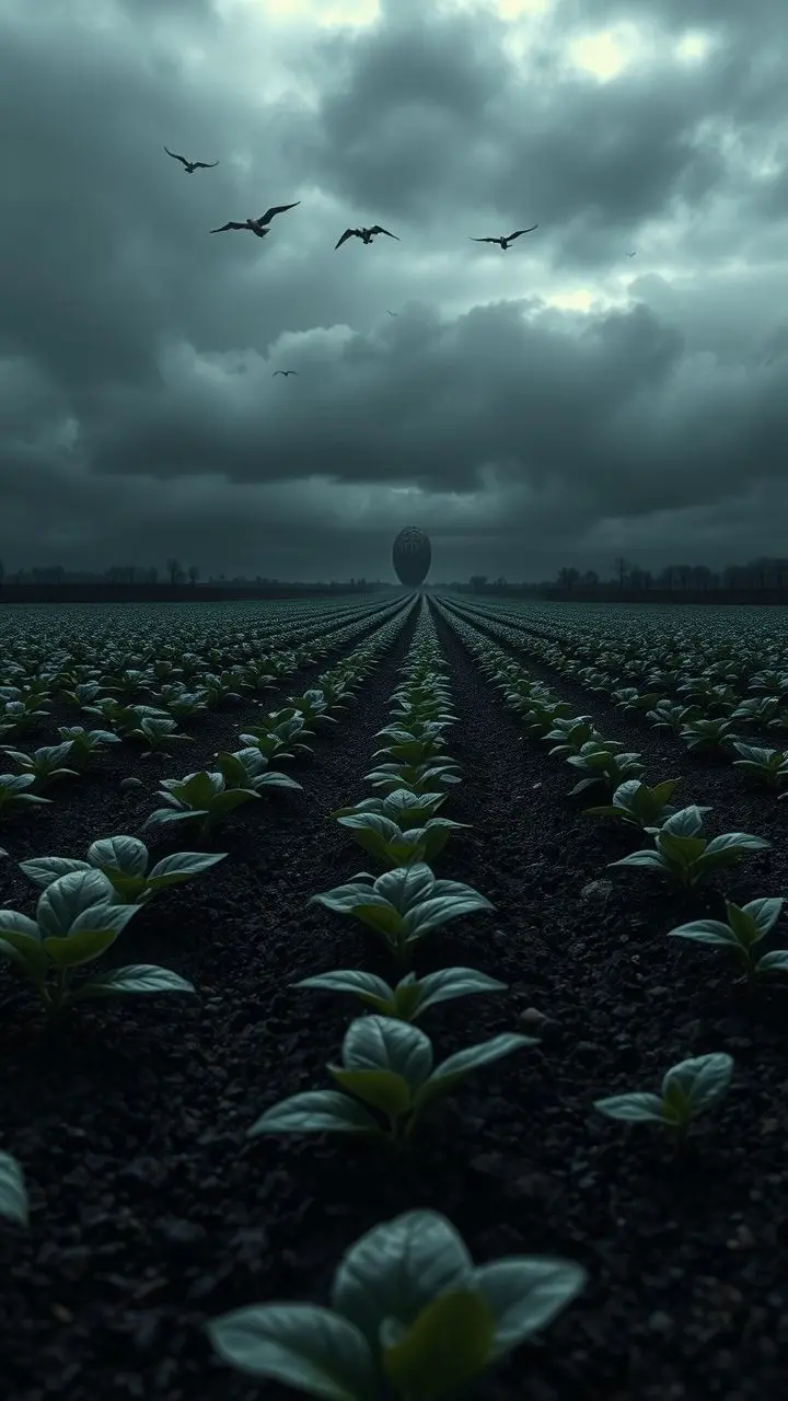 Rows of seeds under a stormy sky with birds and a mysterious object.