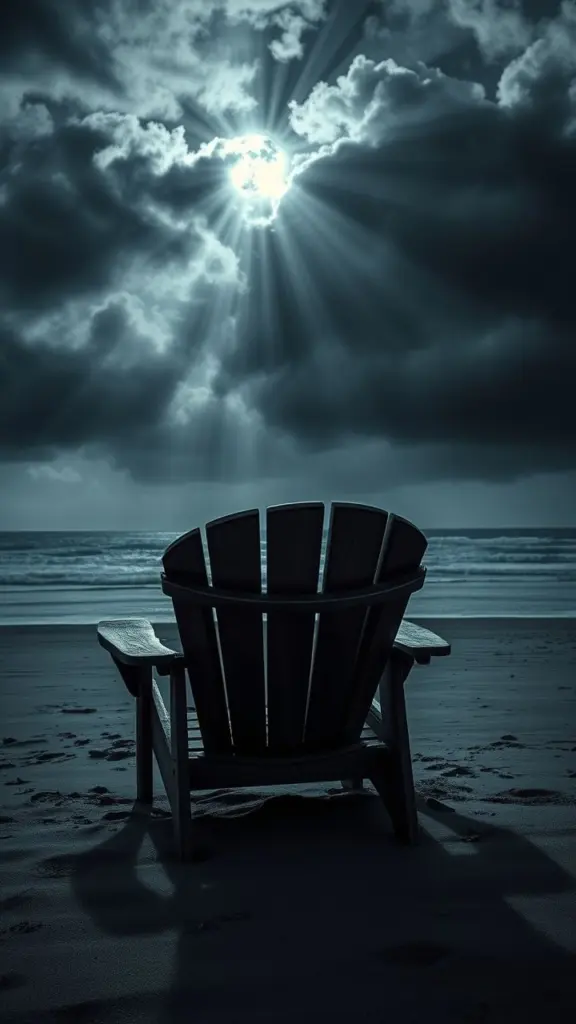 Weathered Adirondack chair on a stormy beach under moonlight.