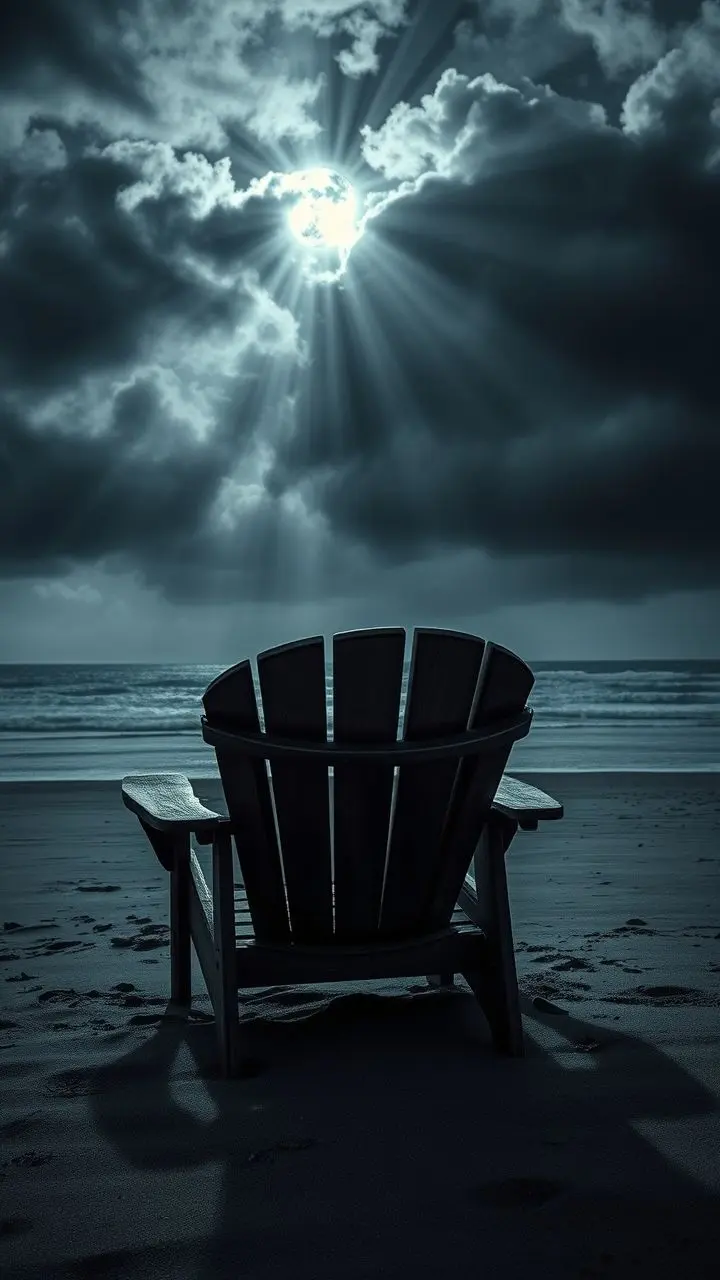 Weathered Adirondack chair on a stormy beach under moonlight.