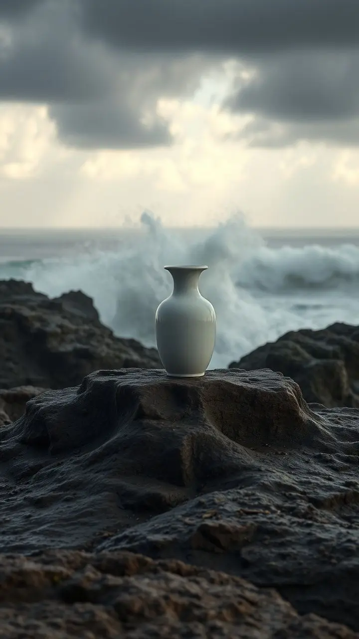 A white Dingware vase on a mesa during a storm surge.