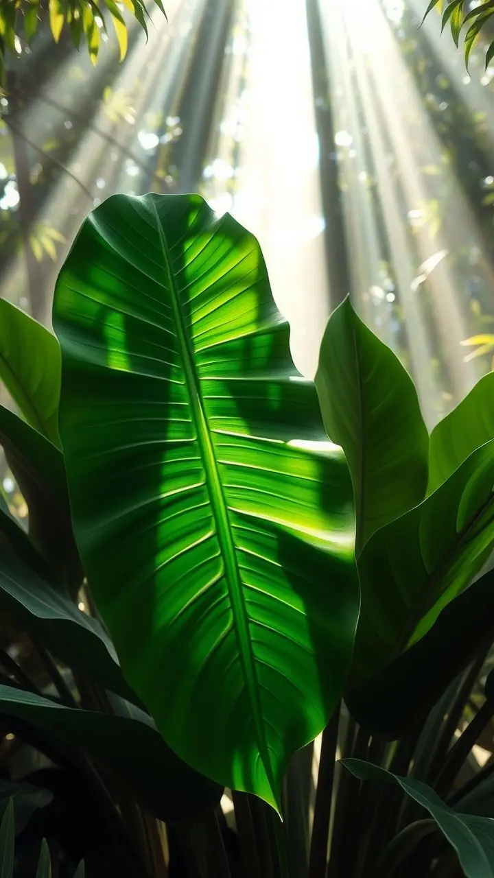 A realistic Monstera leaf with inventory elements, under dappled light, representing resilience.