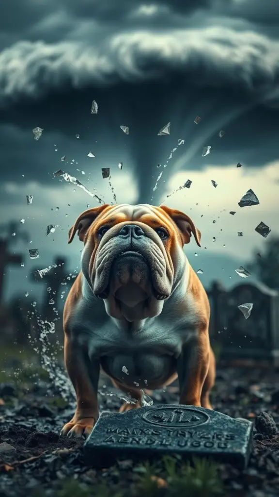 A bulldog with a stubborn expression in a graveyard with a tornado in the distance.