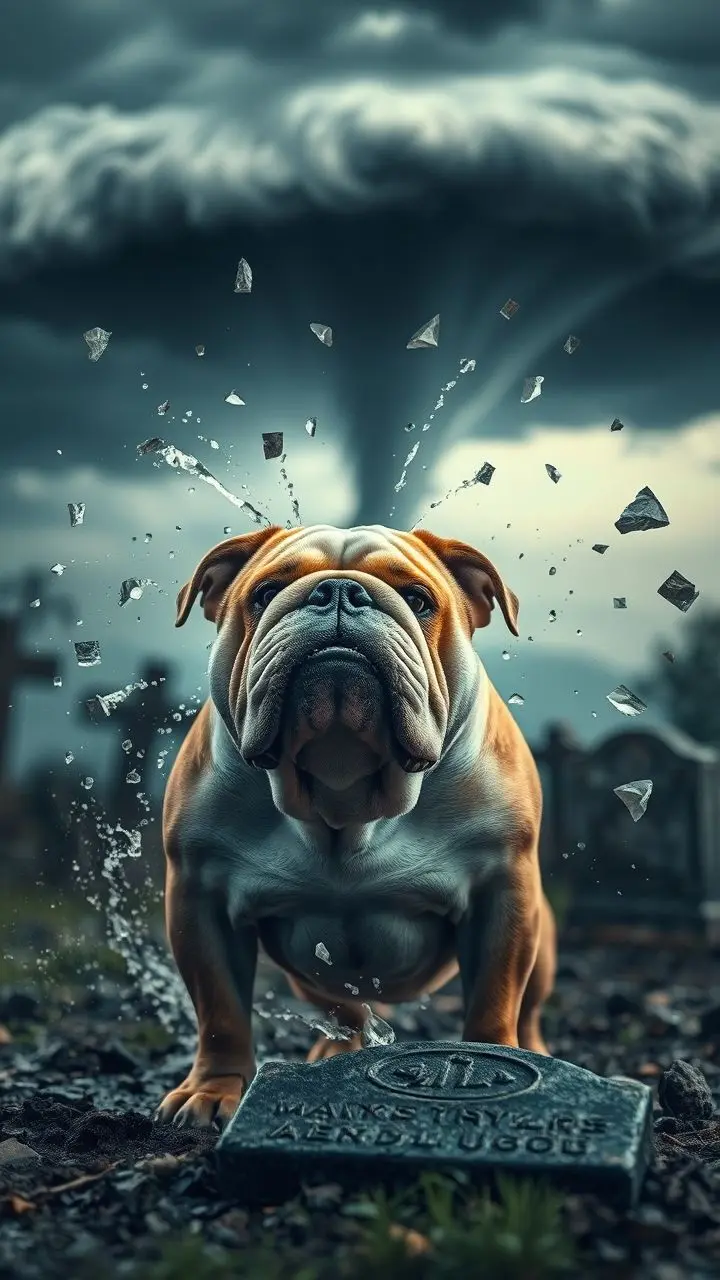 A bulldog with a stubborn expression in a graveyard with a tornado in the distance.