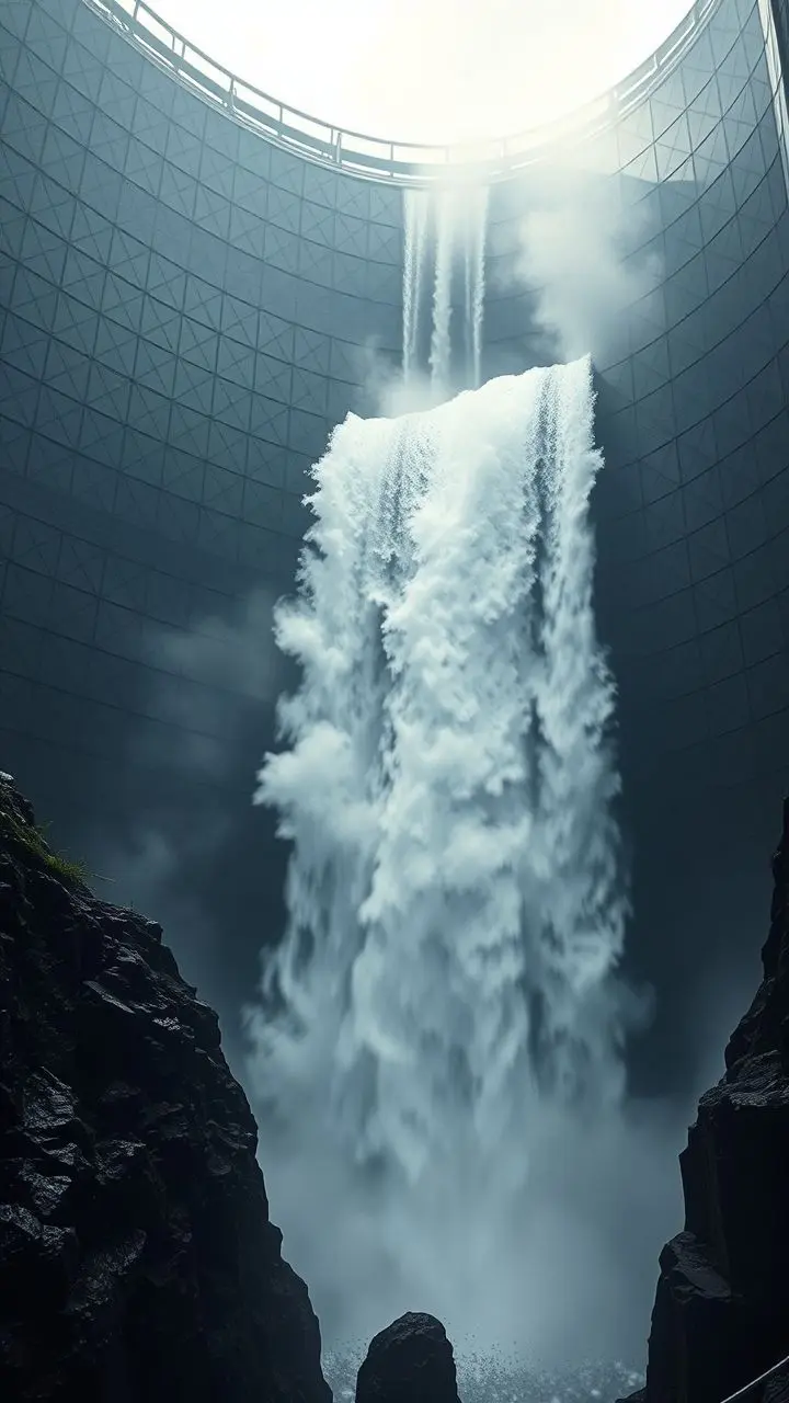 Majestic waterfall with swirling mist beside a geometric modern casino with gothic horror elements and metallic surfaces.