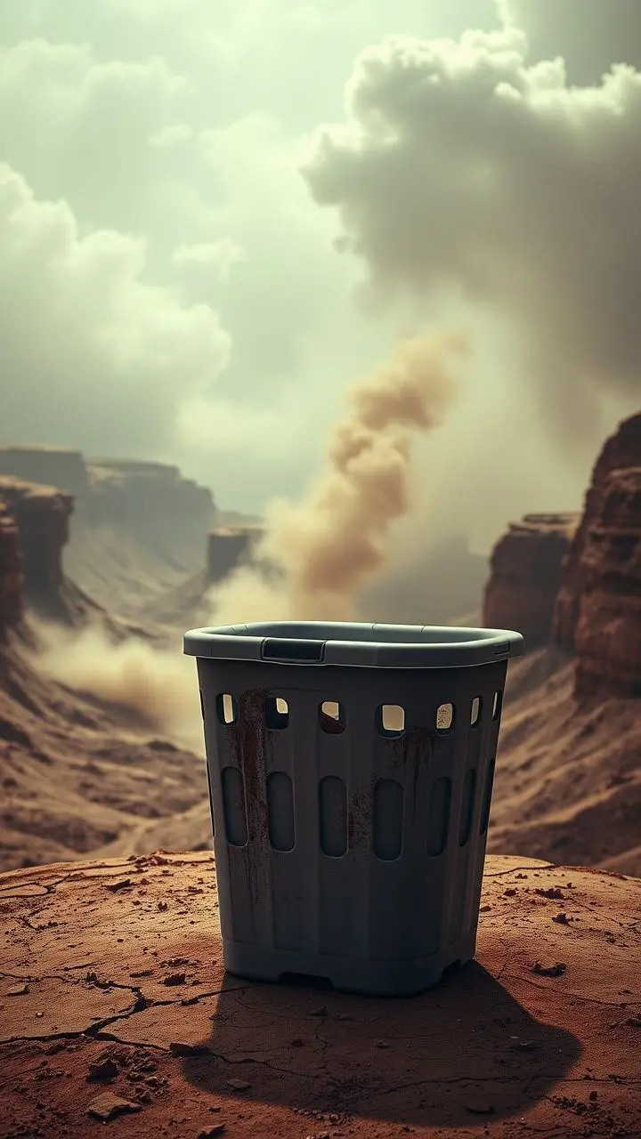 Sleek foldable laundry basket in a dusty, volcanic desert with Ashfall Advisory.