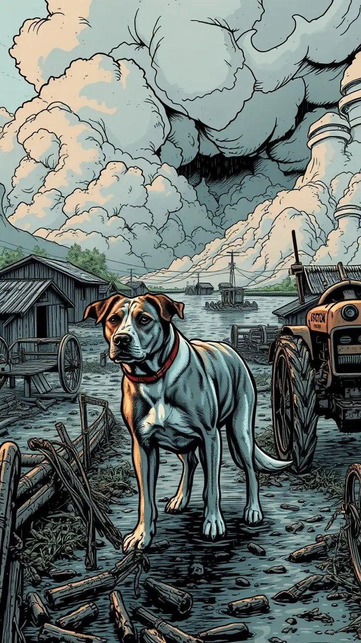 Farm dog in stormy floodwaters, comic book style.