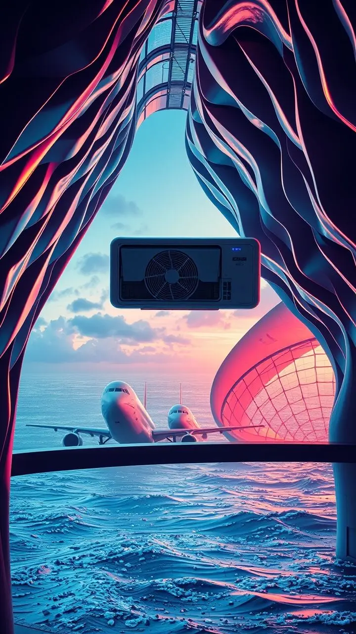 Futuristic airline terminal with advanced air conditioning, overlooking a turbulent sea with rising water levels, characterized by chaotic architectural designs and vivid colors.