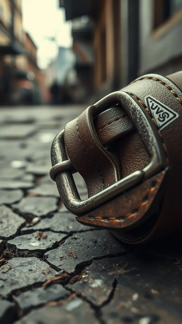 Close-up of a leather belt buckle on glitching pavement.