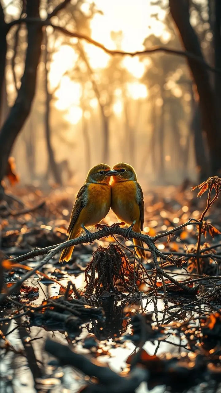 Lovebirds perched in a dying forest during golden hour.