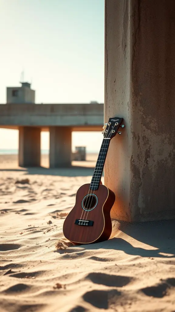 Ukulele against brutalist beach structure with dust particles and cinematic lighting.
