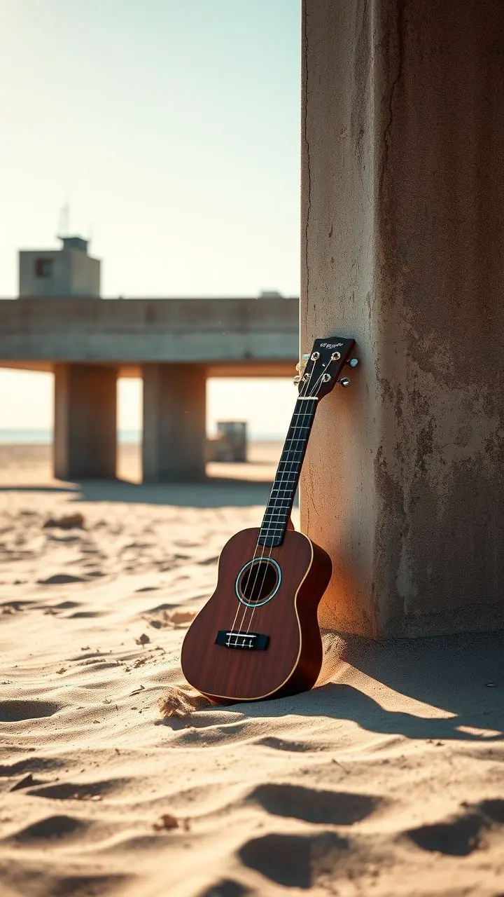 Ukulele against brutalist beach structure with dust particles and cinematic lighting.