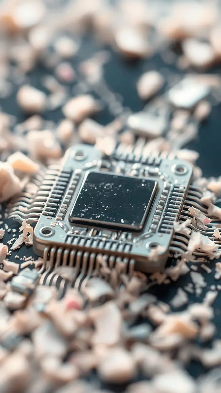Close-up macro photo of a microchip with pastel colors and light bloom.
