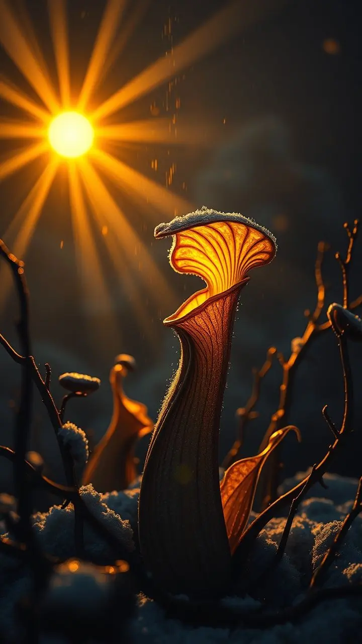 Carnivorous pitcher plant in a dark, retrofuturistic winter landscape with sunset light.