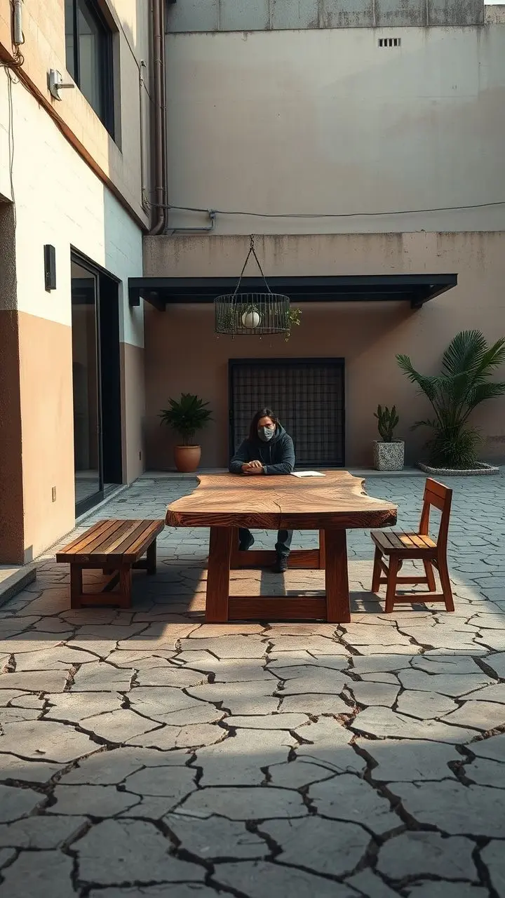 A minimalist scene with a live-edge wooden table and a faceless figure.