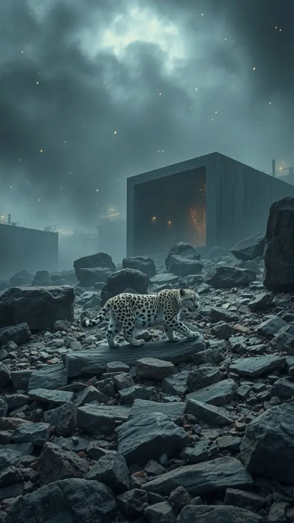 Snow leopard in misty, rocky landscape near brutalist building with fireflies.