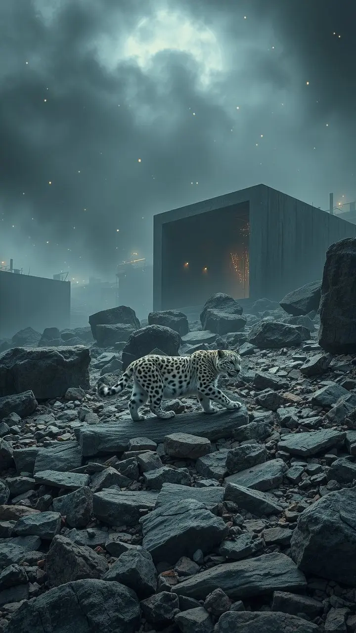 Snow leopard in misty, rocky landscape near brutalist building with fireflies.