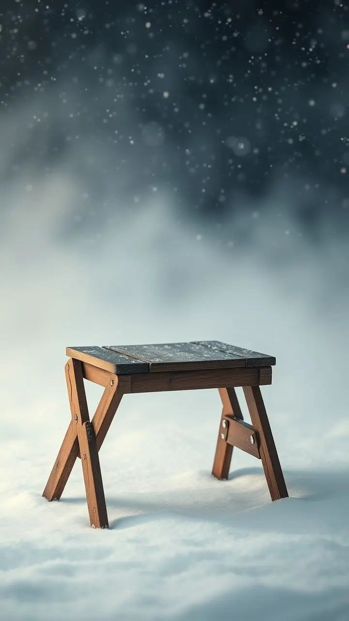 Foldable wooden step stool in snow with fireflies and fog.